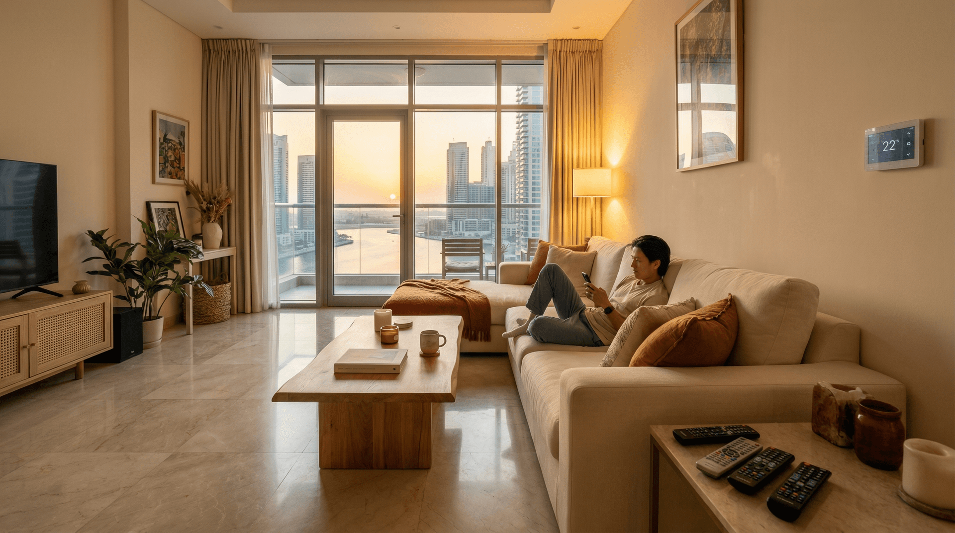 Modern Dubai apartment living room with smart home controls on a phone screen, floor-to-ceiling windows showing city skyline at golden hour