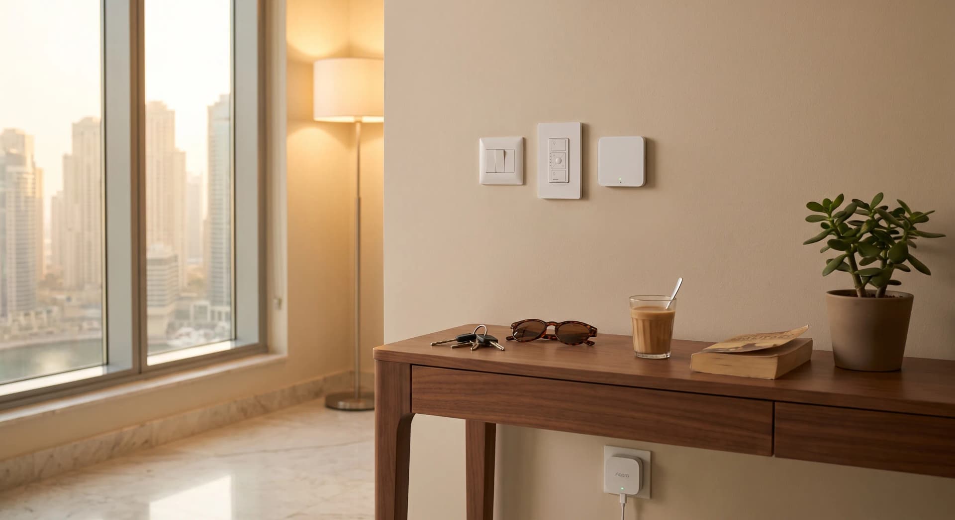 A Lutron Caseta Pico remote and an Aqara wireless switch mounted beside an existing wall switch in a Dubai apartment at golden hour, with the Marina skyline through the window
