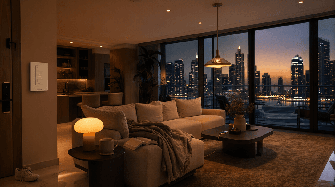 Modern Dubai apartment living room at golden hour with layered warm smart lighting, Lutron-style dimmer panel on the wall, and floor-to-ceiling windows showing the Marina skyline at twilight