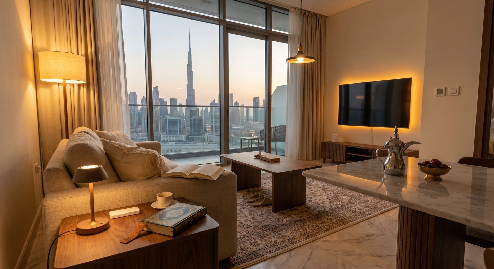Modern Dubai apartment majlis at golden hour with warm 2700K smart lighting, layered floor and ceiling lights, Lutron Caseta dimmer on the wall, and dining table set for Eid Al Adha guests
