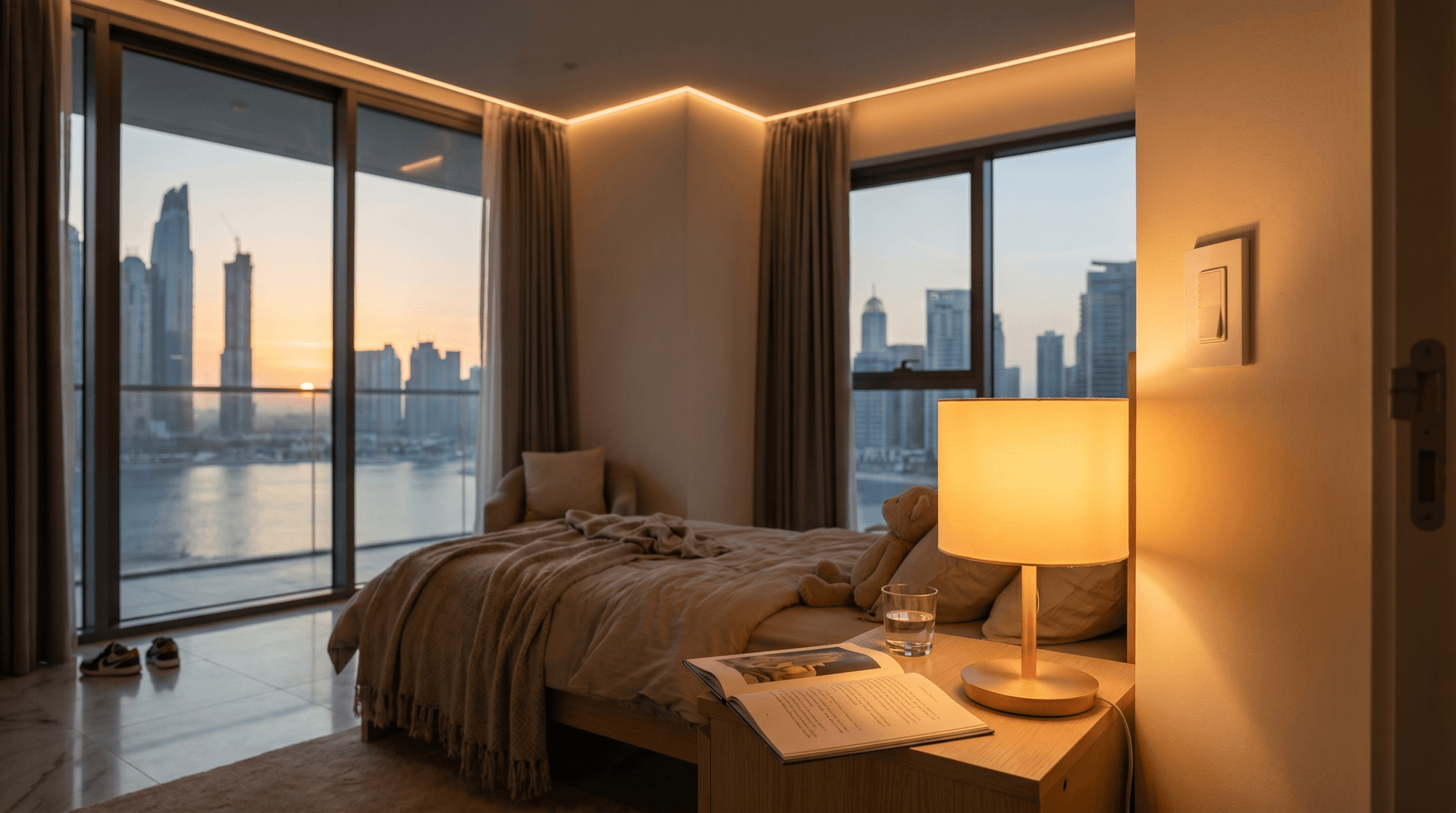 A warm, lived-in kids' bedroom in a Dubai apartment at bedtime, with a soft amber Philips Hue lamp and light strip glowing at low brightness