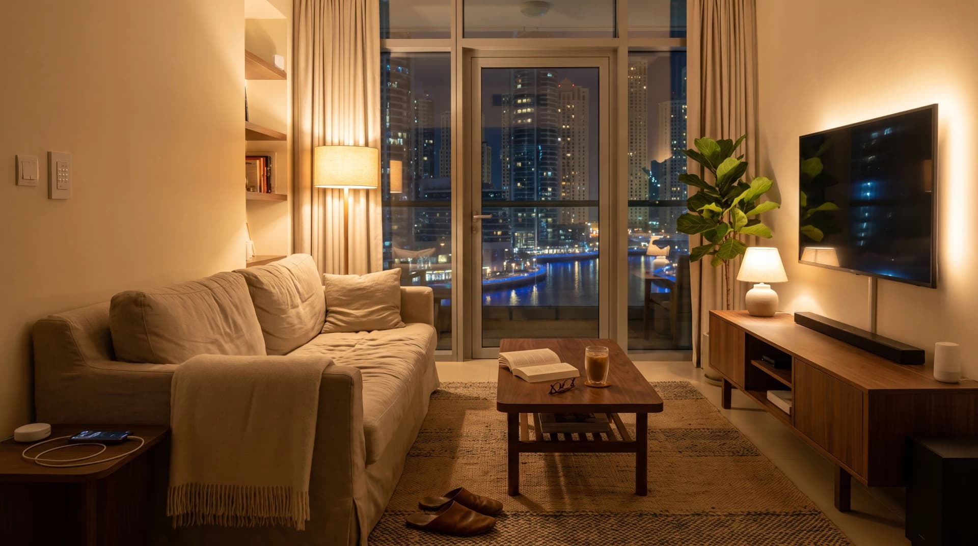 A lived-in Dubai Marina apartment living room at night in summer, lit warm at 2700 Kelvin by a floor lamp and a Philips Hue lightstrip glowing behind the TV console, one dimmable table lamp beside a beige linen sofa with a cream throw, the harsh white ceiling panel switched off, floor-to-ceiling windows showing the Marina towers lit at night, a walnut coffee table with an open book and a glass of iced karak with condensation, a Lutron Caseta Pico keypad on the wall, leather slippers on the rug, a fiddle-leaf fig plant, no people
