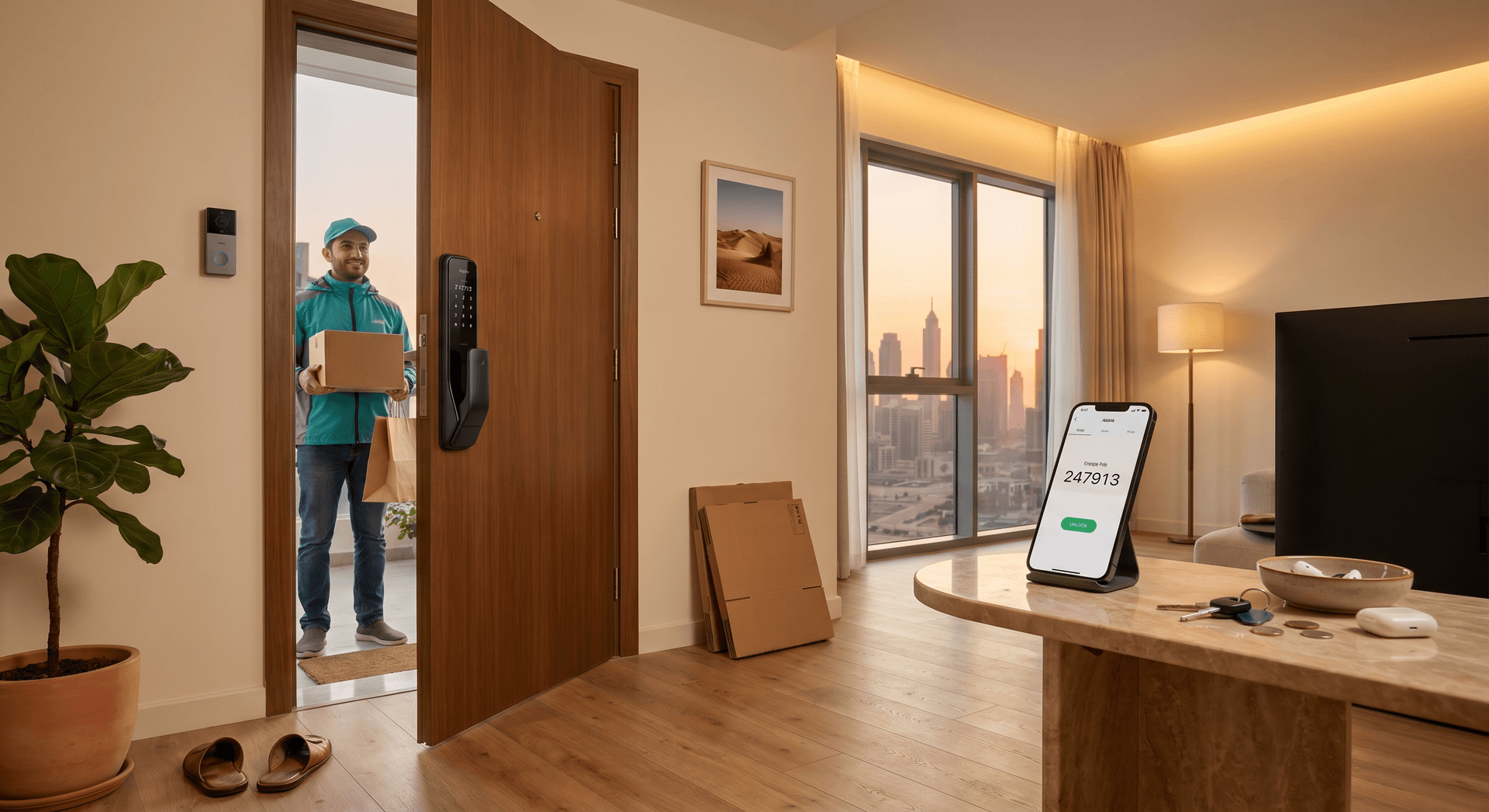A lived-in Dubai Business Bay apartment entryway at golden hour with an Aqara U200 retrofit smart lock on the front door, an Aqara video doorbell beside the frame showing a courier holding a parcel, a phone on the marble console displaying a one-time PIN code, a folded delivery box and a pair of leather slippers by the door, and the skyline through the window