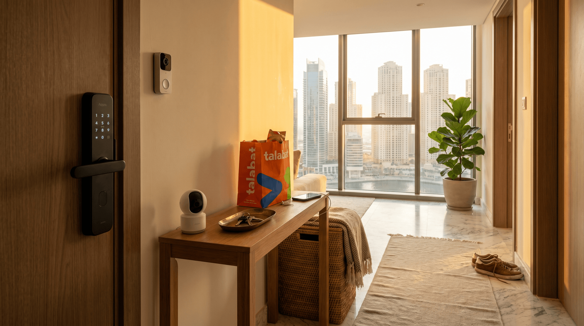 A lived-in Dubai apartment hallway with a smart lock on the front door, a wireless video doorbell beside the frame, and a compact indoor camera on a console table