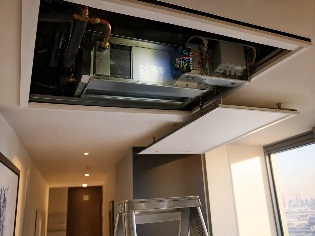 Close-up of an open ceiling access hatch in a Dubai apartment hallway showing a chilled water fan coil unit with insulated pipework and a small grey control converter box wired alongside it, a technician's torch beam across the terminal block, warm afternoon light from a nearby window
