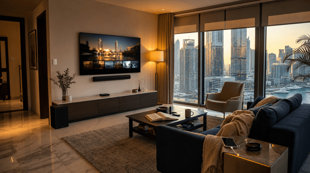 A modern Dubai apartment living room at golden hour with a 65-inch wall-mounted smart TV, a Sonos Arc soundbar, an Apple TV box, an Aqara hub, and a single coffee table with a phone and a soft throw blanket