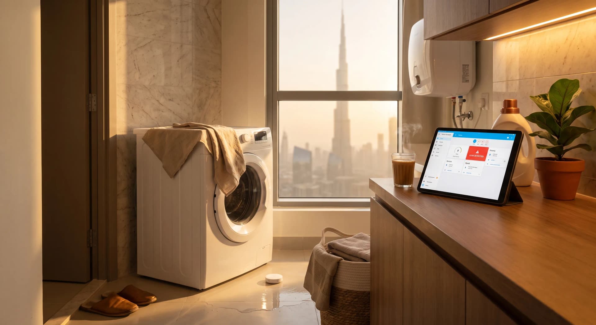 Modern Business Bay apartment utility corner at golden hour, an Aqara water leak sensor tucked beside a white washing machine and under the water heater, a small puddle catching the light on the tiled floor, an iPad on the counter showing a Home Assistant leak-alert tile, a beige linen tea towel, karak chai on the counter, leather slippers by the door, a fiddle-leaf fig, Burj Khalifa skyline through the window, no people