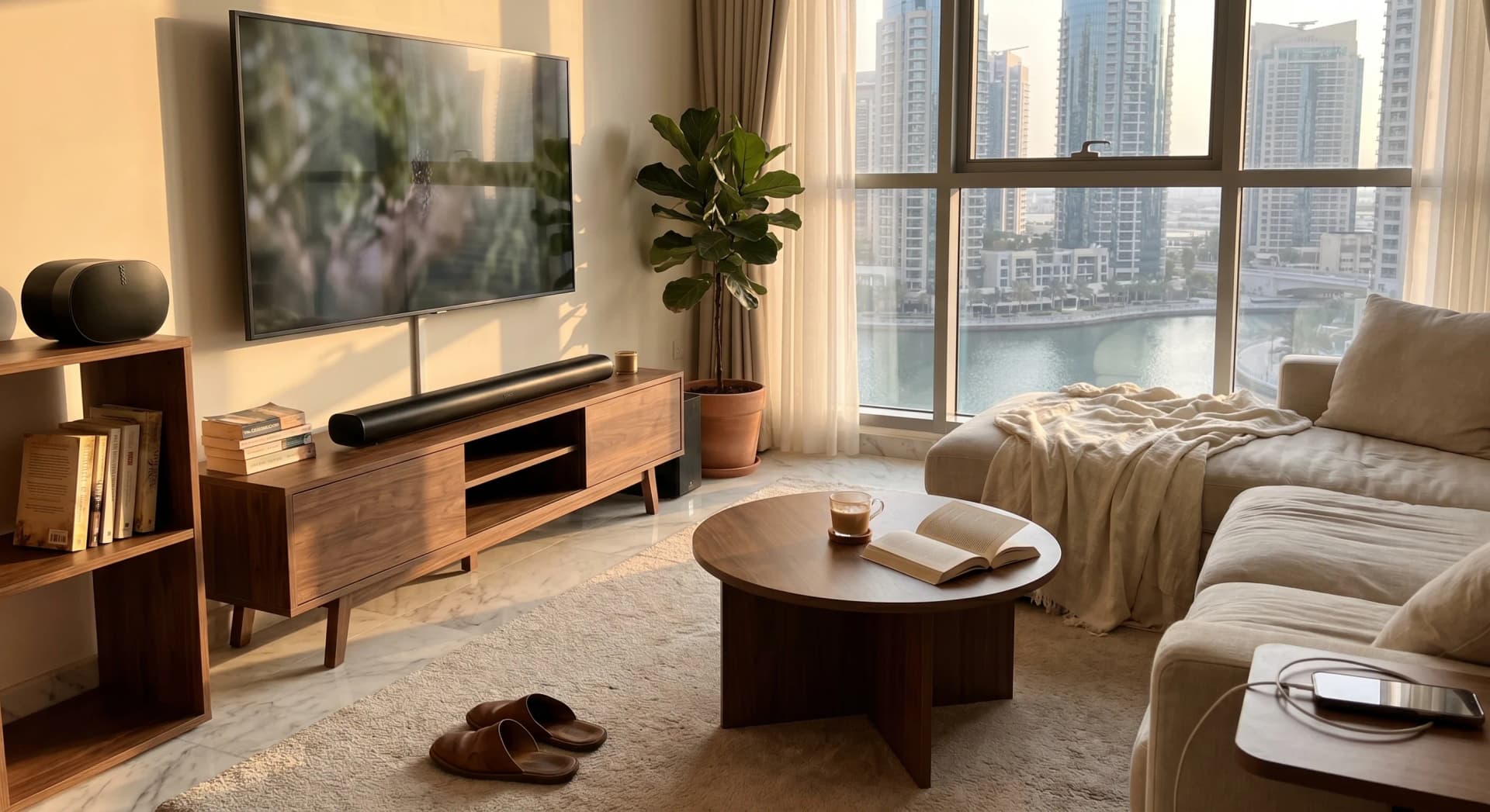 A lived-in Dubai apartment living room at golden hour with a Sonos Arc Ultra soundbar under the TV and an Era 100 speaker on a shelf, Marina view through the window
