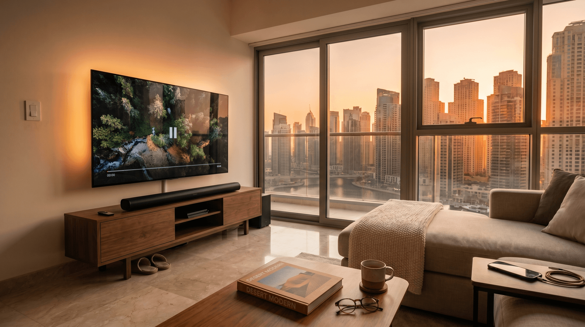 A modern Dubai apartment living room at golden hour with a TV above a console, a soundbar in front, and a warm, lived-in feel with a throw blanket on the sofa and a book on the coffee table