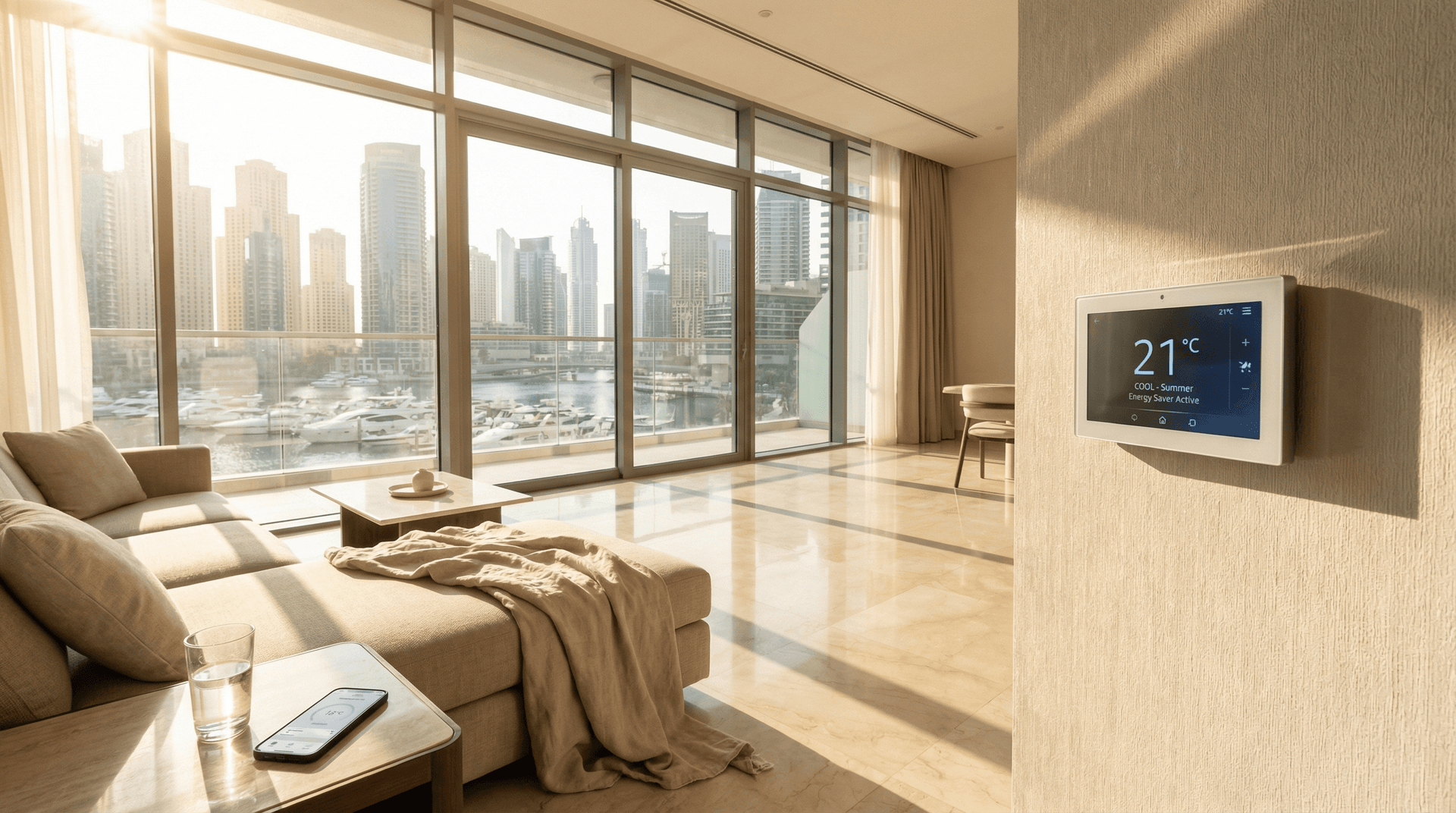 A modern Dubai apartment with a smart AC thermostat on the wall showing temperature, summer sunlight streaming through floor-to-ceiling windows with city views