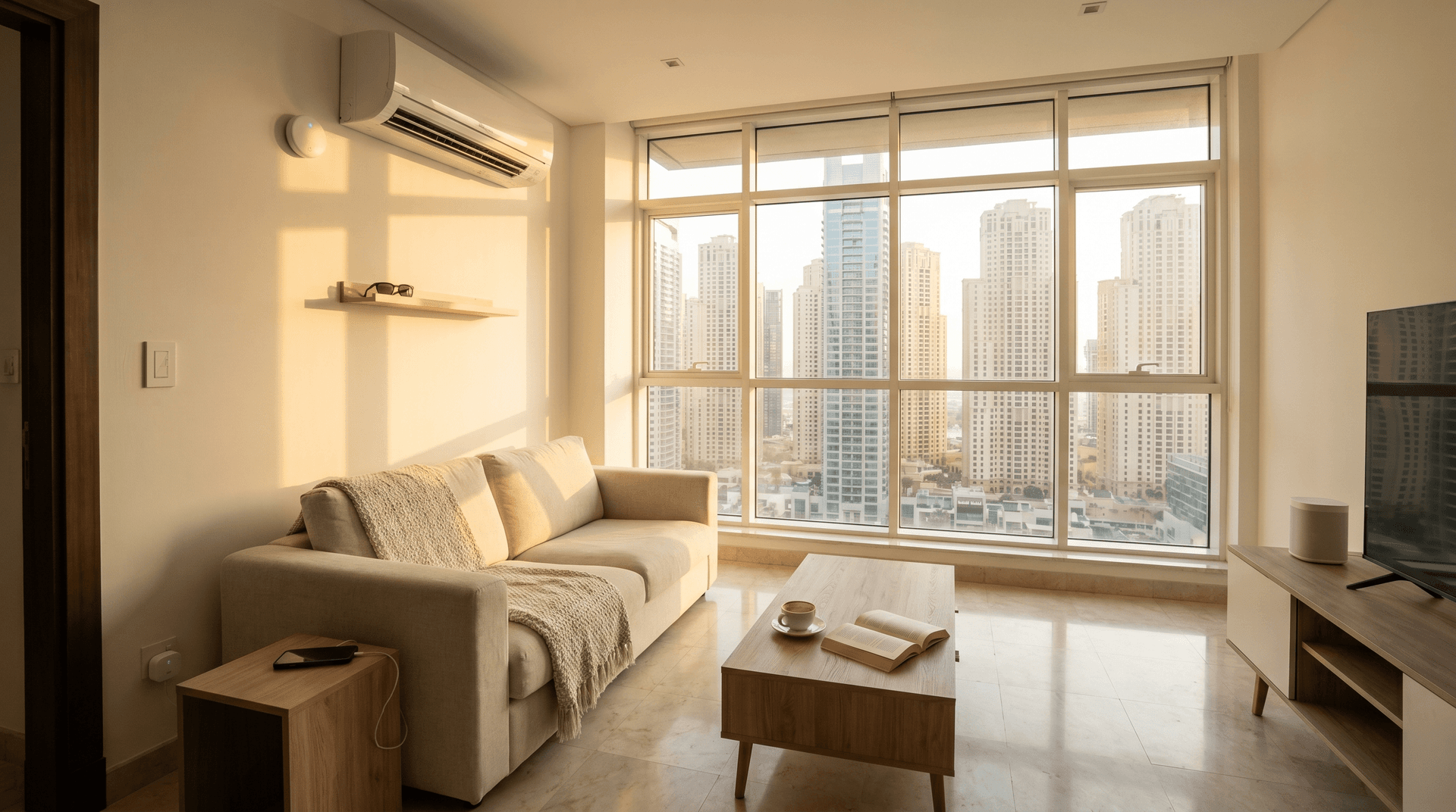 Lived-in Dubai apartment living room at golden hour with a Sensibo Air smart AC controller mounted near a wall-mounted split AC, marina views through floor-to-ceiling windows