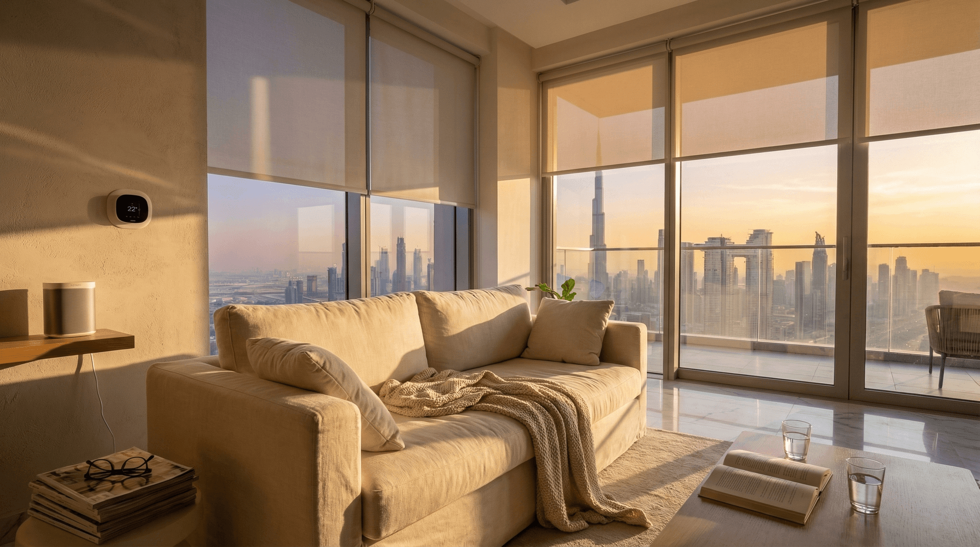 A modern Dubai apartment living room with smart thermostat on the wall and afternoon sun streaming through floor-to-ceiling windows showing city views