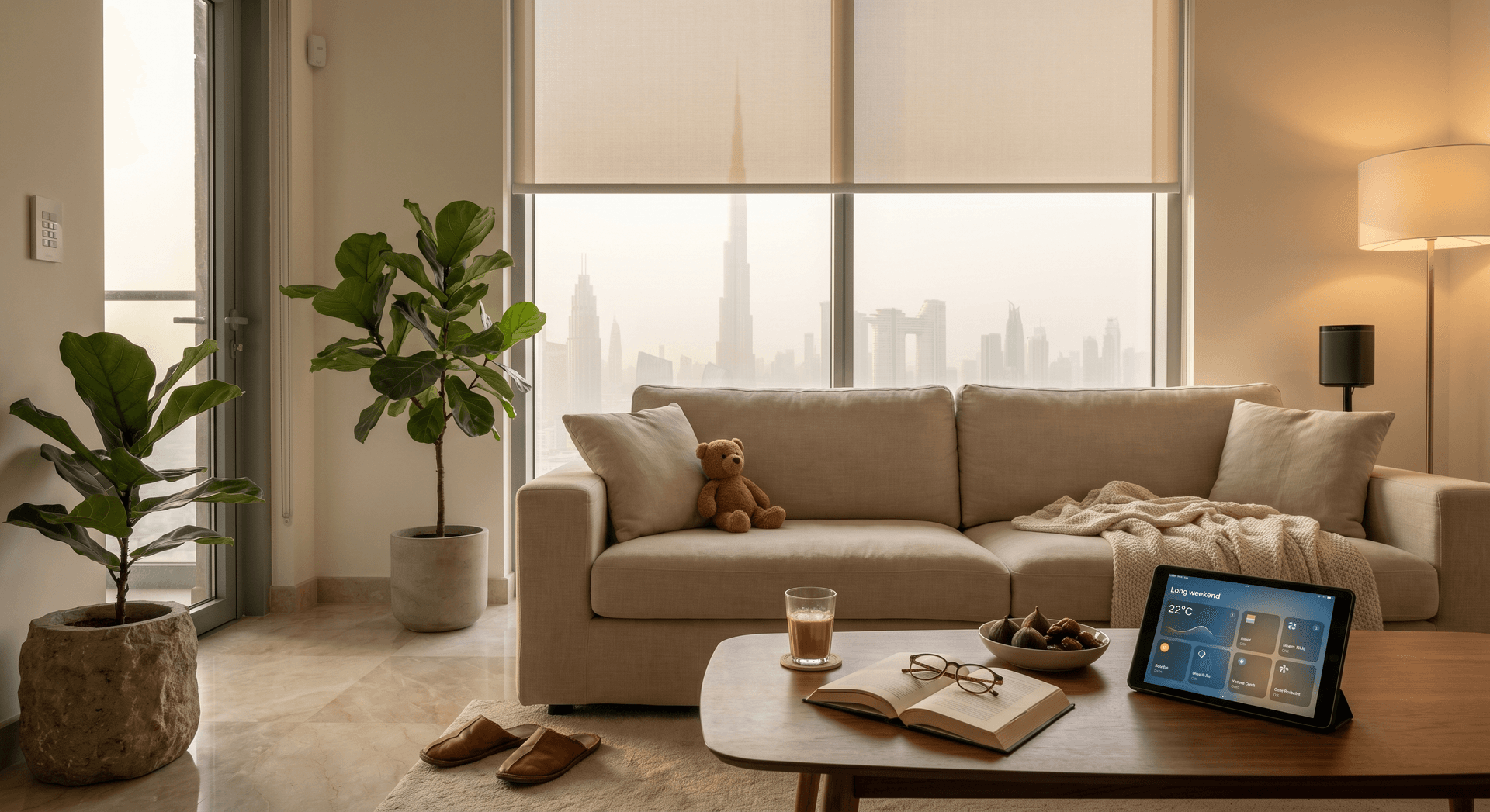 Quiet Saturday morning in a Dubai Business Bay apartment, motorized roller blind 70 percent drawn against a dust-hazed Burj Khalifa skyline at golden hour, walnut coffee table with half-finished karak chai, an open hardcover book with reading glasses, a small bowl of figs and dates, a child's stuffed bear on a beige linen sofa with a rumpled cream throw, leather slippers on marble floor near a fiddle-leaf fig plant, an Aqara temperature sensor on the wall and a Lutron Caseta pico keypad by the entrance, a Sonos speaker on the console, a warm floor lamp at 30 percent, an iPad on the coffee table showing a Long Weekend scene at 22C with the blind at 70 percent, no people in the scene