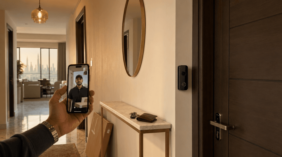 Modern Dubai apartment entrance at golden hour with a sleek video doorbell mounted next to the door, smartphone in hand showing the live video feed of a delivery driver.