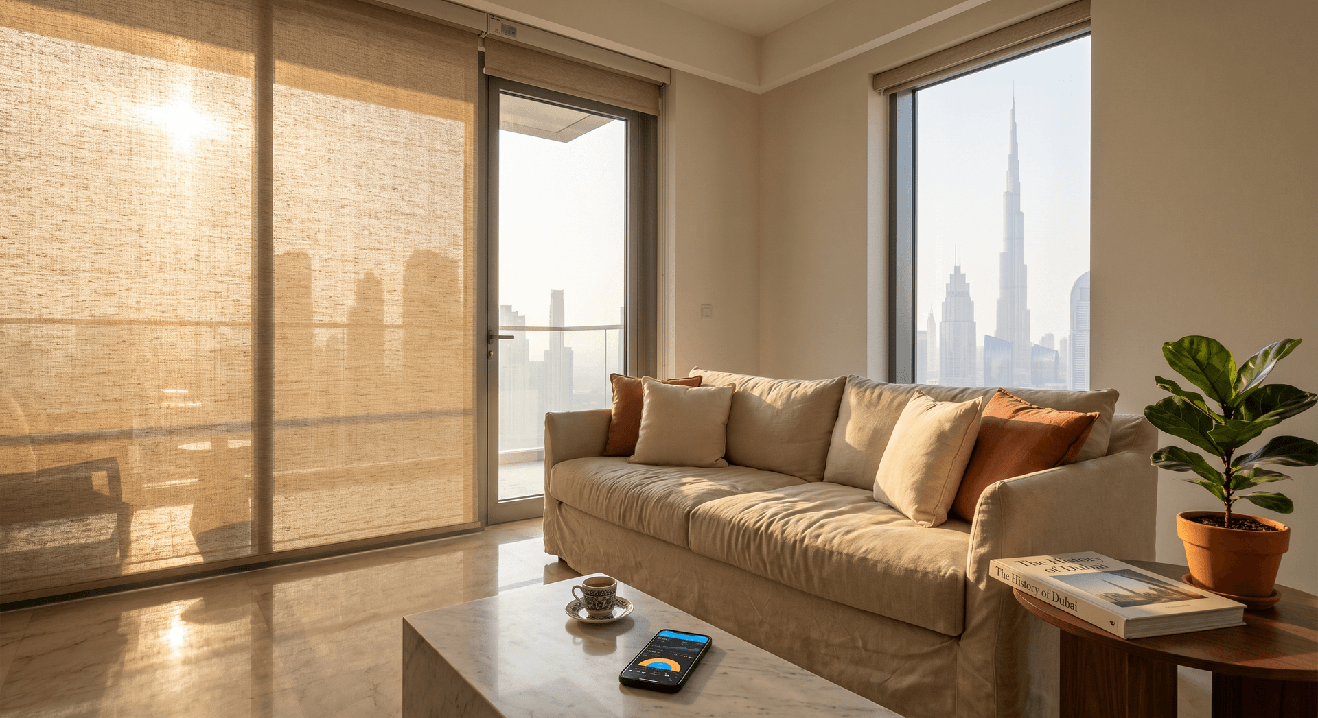 A Dubai apartment living room at afternoon golden hour with motorized roller blinds partially closed across west-facing floor-to-ceiling windows, warm filtered light falling across a linen sofa, phone on the coffee table showing a Home Assistant sun position dashboard