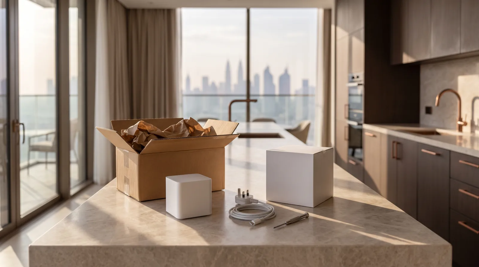A modern Dubai apartment kitchen island in morning light: an opened plain brown shipping carton with kraft packing paper beside a small white smart home hub, next to a sealed white retail box, with a coiled cable and UK-style three-pin plug and a small screwdriver on the marble, city towers visible through the balcony glass