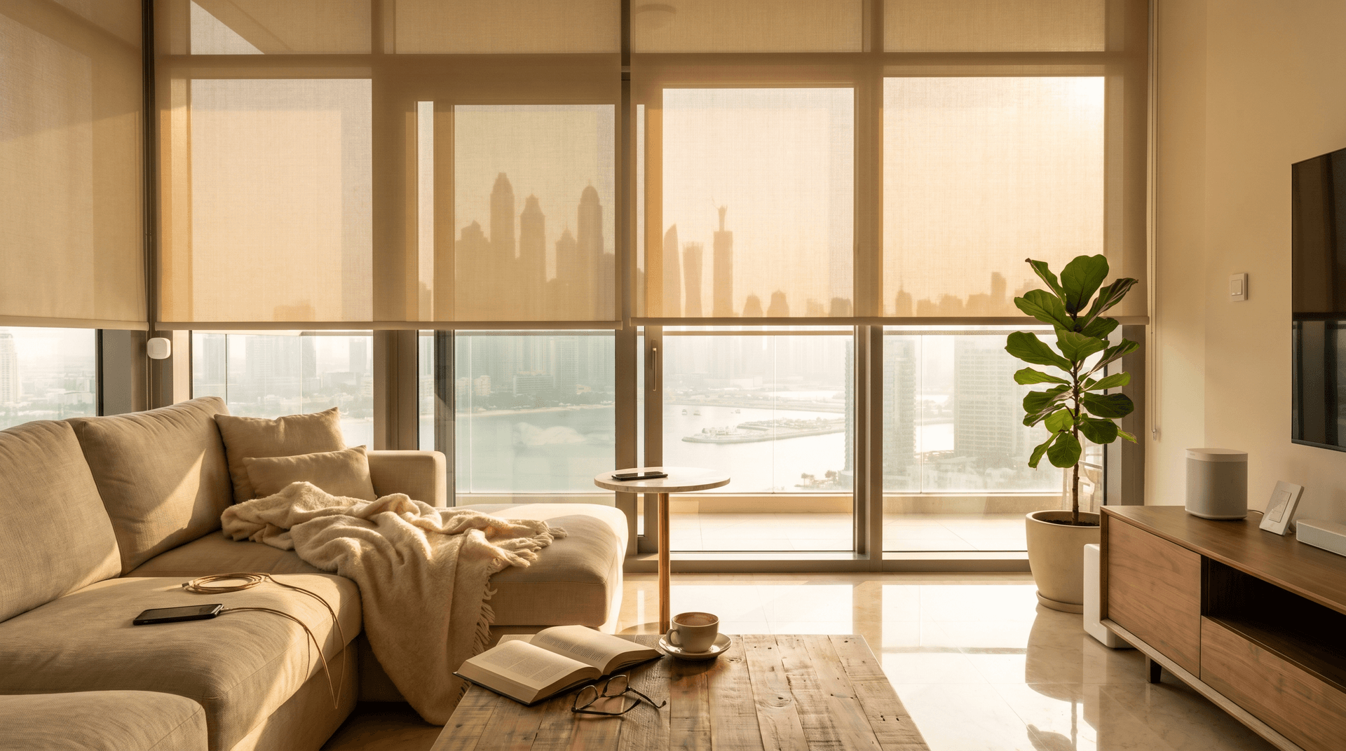 A Dubai apartment living room at 3pm with motorized roller blinds half-closed on west-facing floor-to-ceiling windows, warm afternoon light filtering through