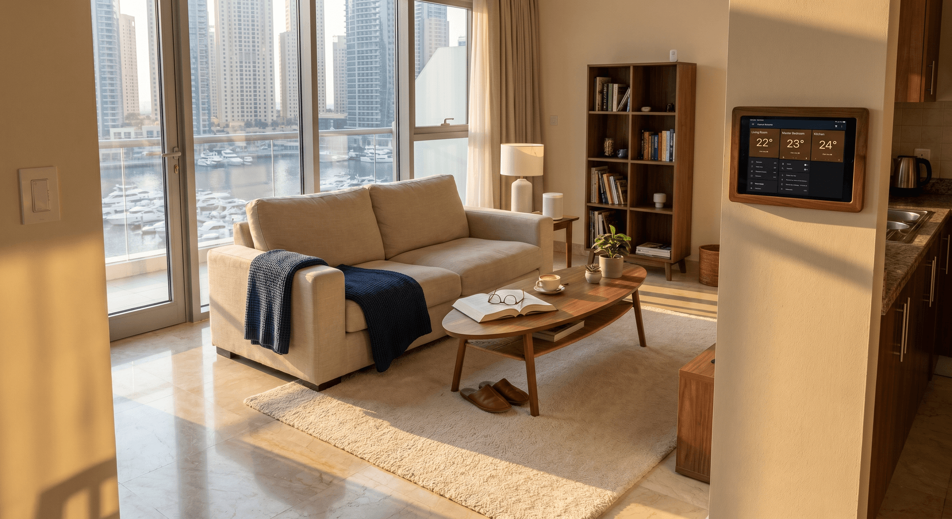 Modern Dubai apartment living room at golden hour with a wall-mounted iPad showing a clean Home Assistant dashboard, a Sonos speaker on a console table, marble floors, a beige linen sofa with a throw blanket, an open book and a half-finished cup of coffee on the side table, and floor-to-ceiling windows showing a marina view