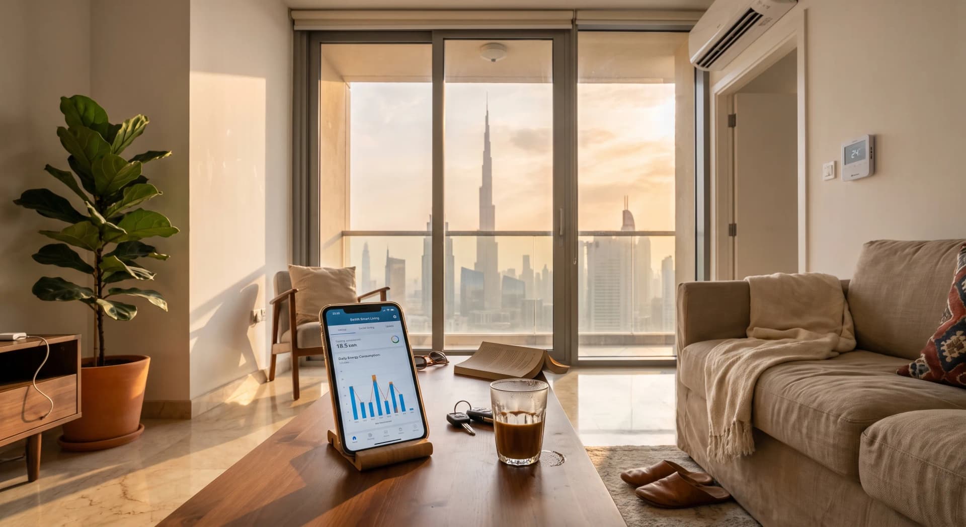 A Dubai apartment living room at golden hour with a phone on the coffee table showing the DEWA Smart Living consumption graph, a wall-mounted smart AC controller, and floor-to-ceiling windows looking out to the Business Bay skyline