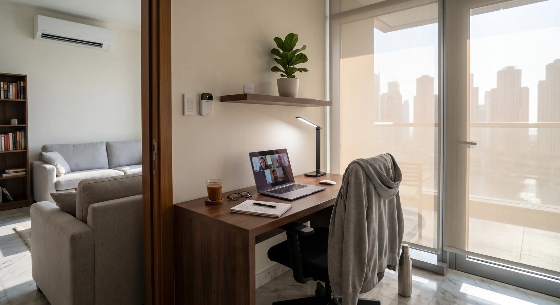 A lived-in Dubai apartment home office corner in a spare bedroom, mid-morning, with the walnut desk facing into the room instead of the window so the floor-to-ceiling window with a hazy Marina skyline sits to the side behind a half-drawn motorized roller blind, an open MacBook showing a video call on screen, a slim neutral-white front key light just behind the laptop, a warm second lamp switched off to the side, an Aqara temperature sensor and a fiddle-leaf fig on the shelf, a Lutron Caseta Pico keypad on the wall by the door, a Sensibo controller near the white split AC unit, a glass of karak, an open notebook, reading glasses, a hoodie over the chair, no people