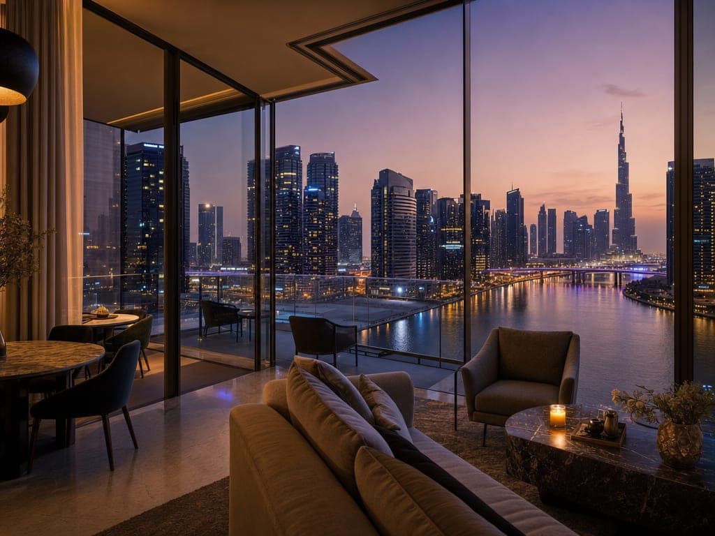 Inside a Business Bay smart home at golden hour