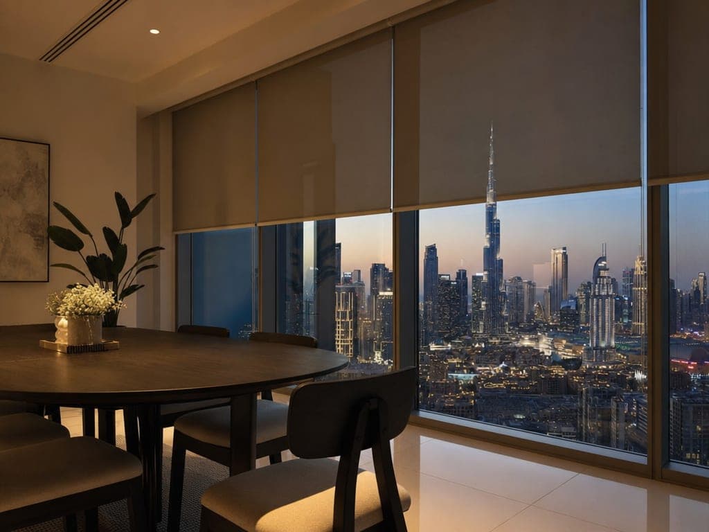 Downtown Dubai penthouse dining room at night with warm scene lighting, motorized blinds half-closed, Burj Khalifa view through floor-to-ceiling glass