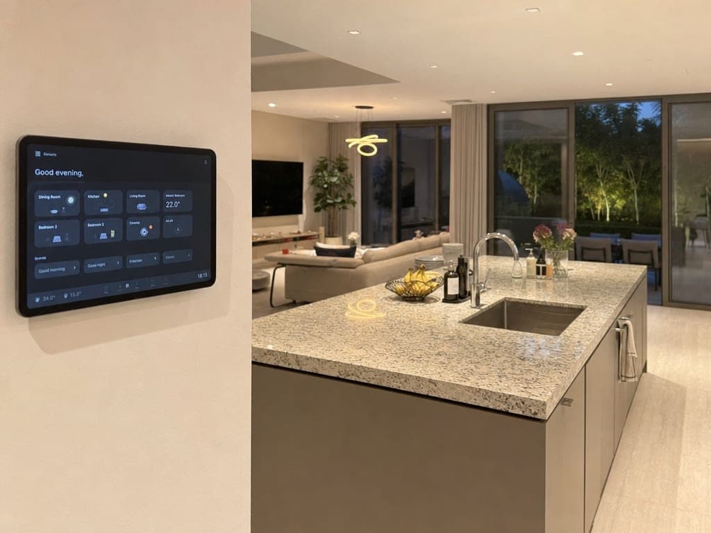 Dubai Hills new-build villa kitchen at golden hour with wall-mounted smart tablet and warm scene lighting