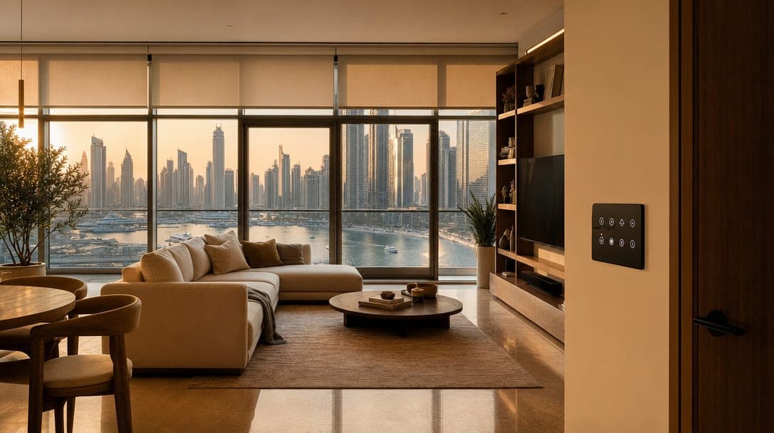 Inside a Dubai Marina smart home at golden hour
