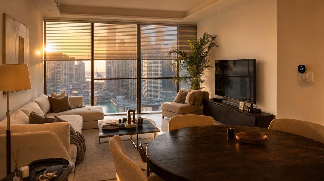 Smart blinds half-open in a 2-bed Marina apartment with view of the Marina skyline at golden hour