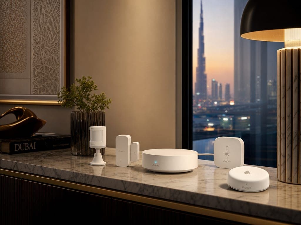 Aqara hub with multiple Zigbee sensors arranged on a console table — motion, door contact, temperature, water leak, in a Dubai apartment