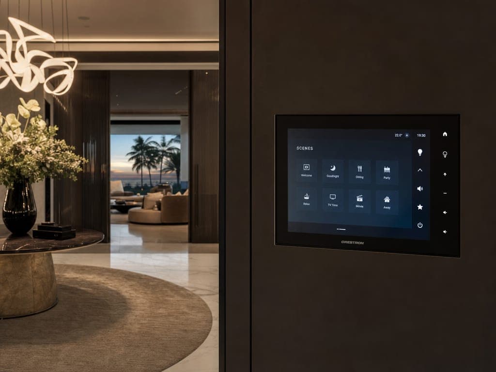 Custom Crestron touchscreen recessed into matte-black millwork in a luxury Dubai mansion, scene controls visible