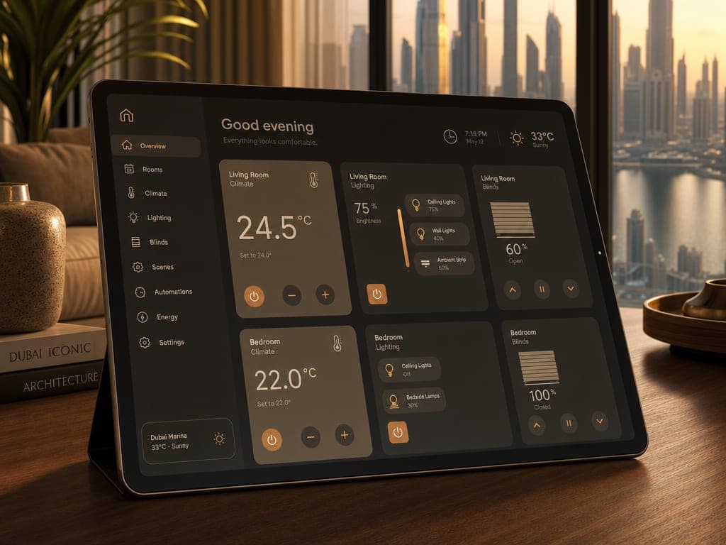 Home Assistant dashboard from a Bayora install — climate, lighting, and blinds control across rooms, on a tablet