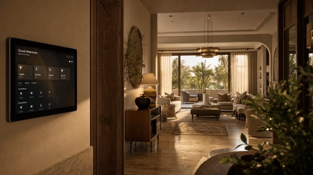 5-bedroom Arabian Ranches villa with smart wall tablet showing a home dashboard at golden hour