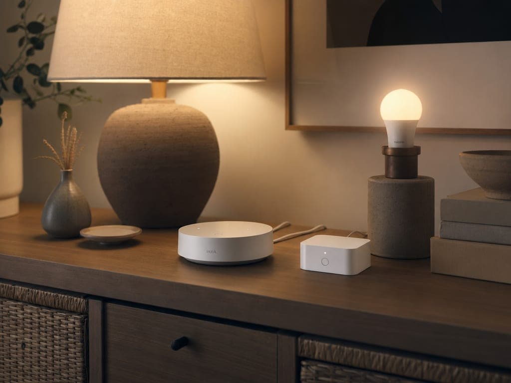 IKEA DIRIGERA hub on a Town Square townhouse console with TRÅDFRI bulbs and FYRTUR smart blind controller next to it, warm scene lighting active
