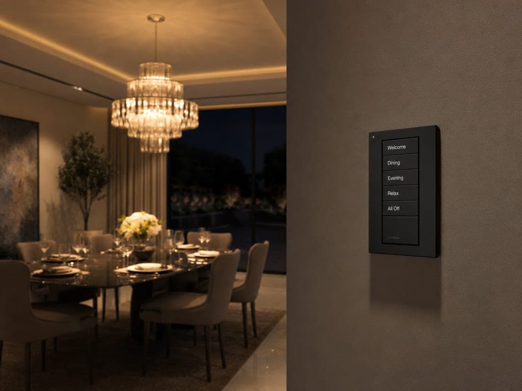 Lutron Palladiom matte black engraved keypad with scene buttons mounted in a UAE villa dining room with warm chandelier dimmed