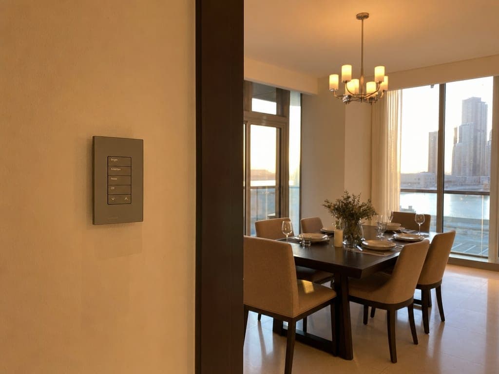 Al Reem Island apartment dining room at golden hour with Palladiom keypad on the wall and chandelier dimmed