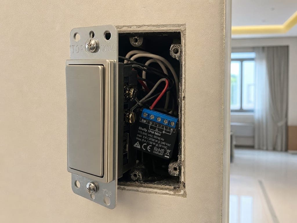 Open wall back-box showing a Shelly 1PM Mini relay tucked behind an existing brushed-nickel rocker switch in a Dubai townhouse