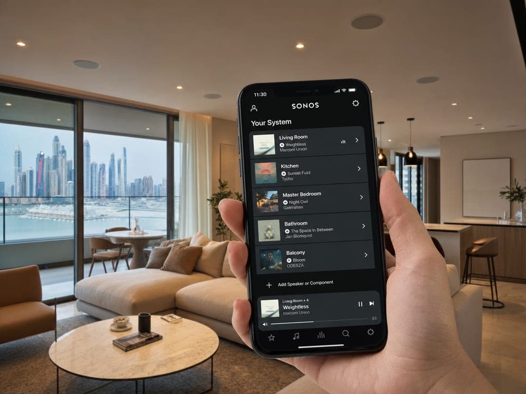 Sonos app on a phone showing 5 grouped zones playing across a UAE apartment, with in-ceiling speakers visible in the background