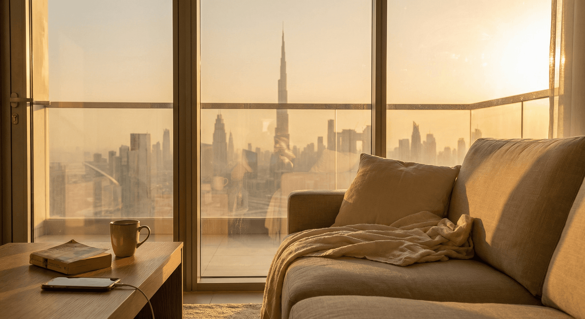 Dubai skyline at golden hour from apartment window