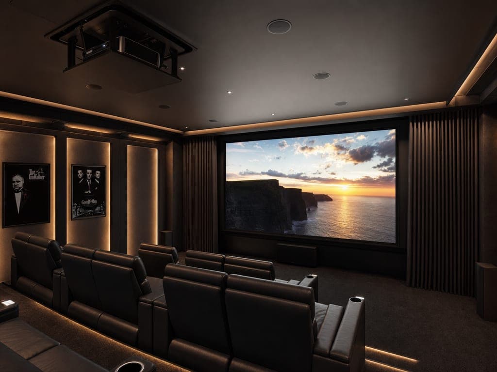In-ceiling speakers and a 7.4.4 surround setup in a dedicated cinema room with motorized acoustic curtains, projector ready