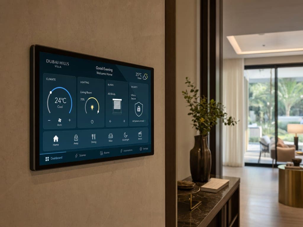Wall-mounted smart home tablet showing a unified dashboard for climate, lighting, blinds and security in a Dubai Hills villa entry