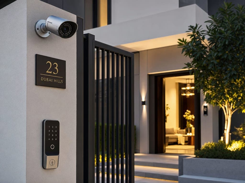 HD security camera and smart lock at the entrance of a Dubai Hills villa at twilight, warm interior glow visible