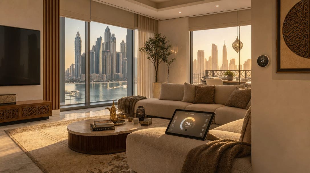 Smart thermostat on the wall of a Dubai Marina apartment with view of the Marina skyline through floor-to-ceiling windows at golden hour