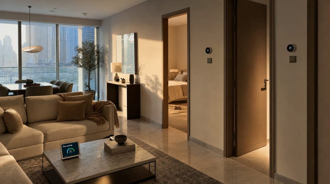 Smart AC controllers and tablet showing pre-cool schedule in a 3-bed Dubai Marina apartment