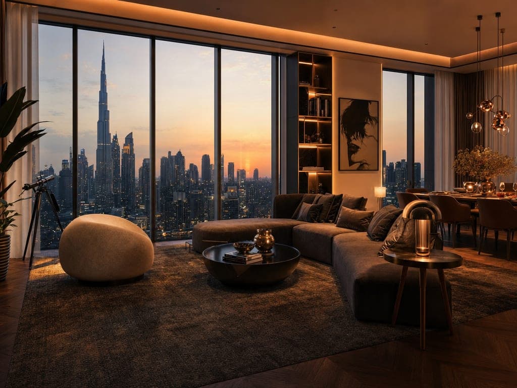 Warm scene lighting at golden hour in a Downtown Dubai apartment with floor-to-ceiling glass and skyline view
