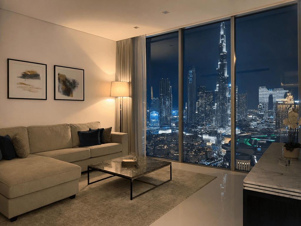 Downtown Dubai penthouse living room at night with Burj Khalifa view through floor-to-ceiling glass and warm scene lighting