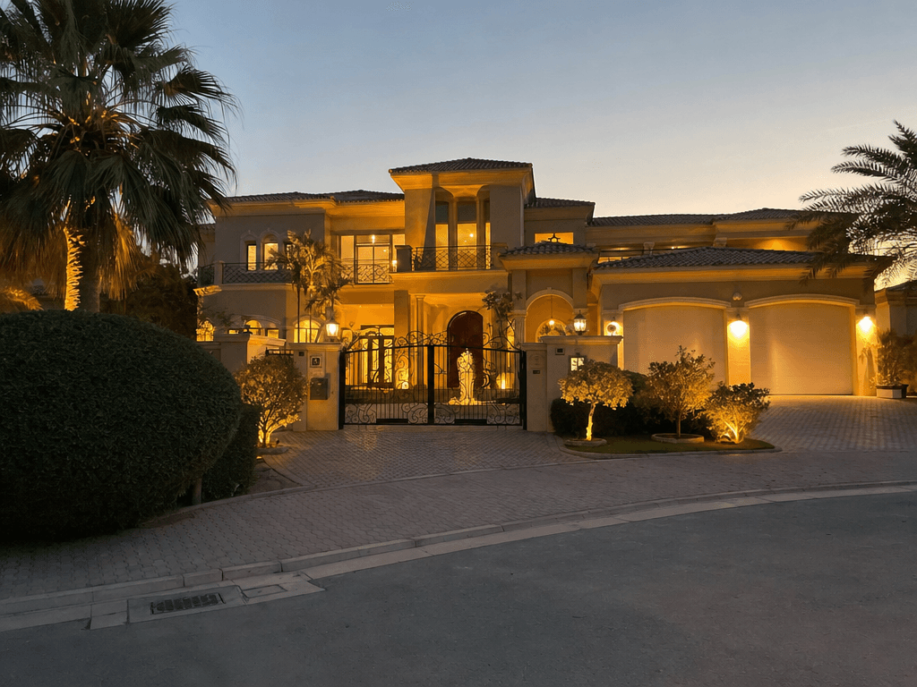 Emirates Hills mansion entrance with custom architecture, gated driveway and warm exterior lighting at twilight