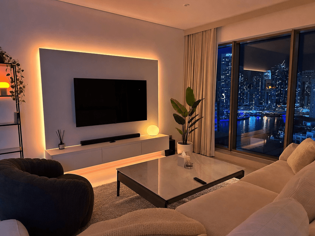 JLT apartment living room at evening with Philips Hue color lighting set to warm scene, marina view in background
