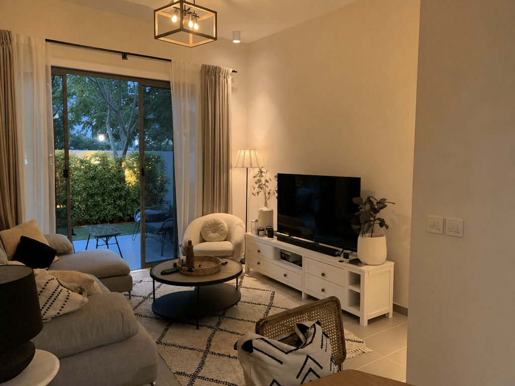 Mira townhouse living room with traditional wall switches and warm scene lighting at evening