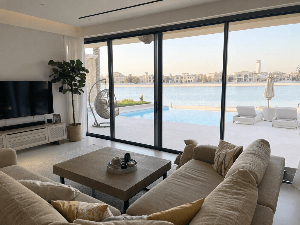 Palm Jumeirah frond villa living room at golden hour with floor-to-ceiling glass overlooking the pool and Arabian Gulf